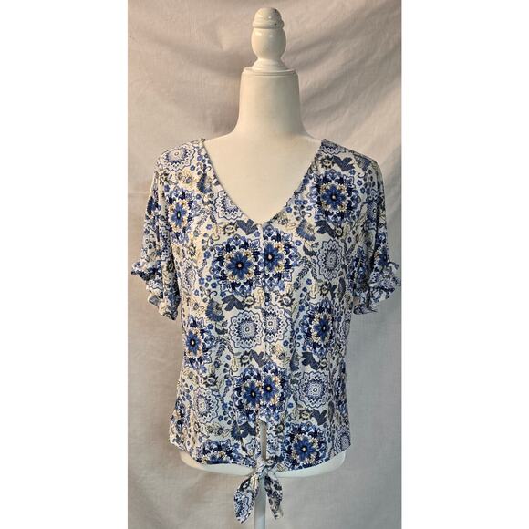 W5 Tops - W5 Anthropologie Womens Blue Floral Eyelet Blouse Cottage Core Tie Front Top Med